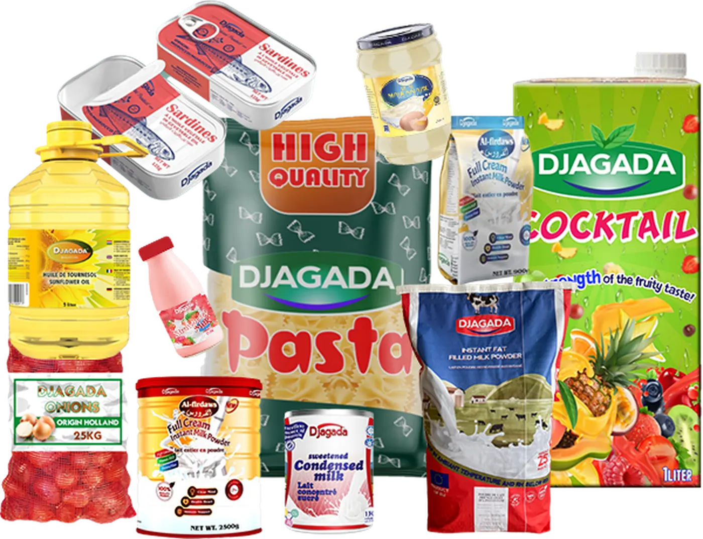 The Djagada product family: sunflower oil, sardines, mayonnaise, pasta, milk powder, condensed milk, onions and fruit juice